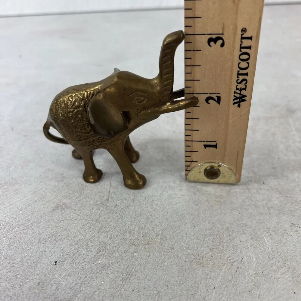 Vintage Small Solid Brass Elephant Raised Trunk Embossed Ornate‎ MCM Figurine